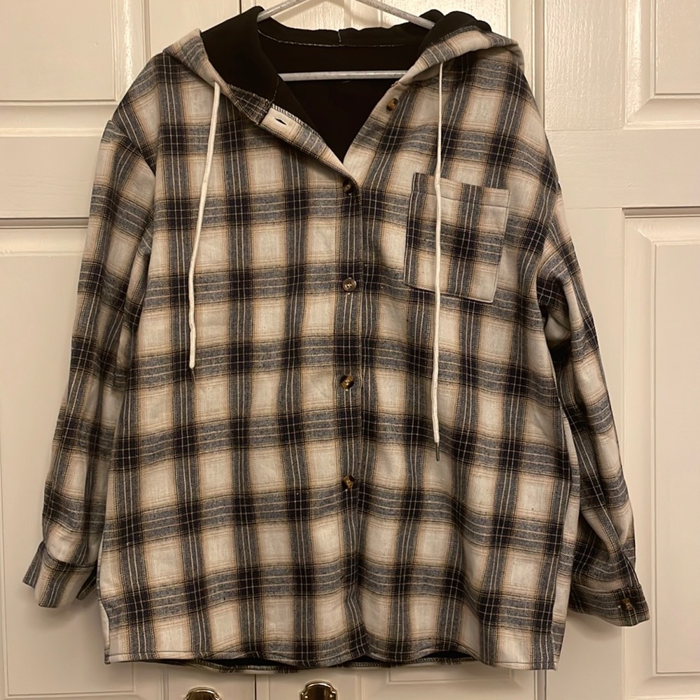 Shein Women’s Drawstring Thermal Lined Hooded Coat, Size L. Blue/Khaki plaid.